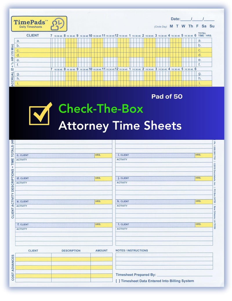 TimePads: "Check-The-Box" Time Sheets for Lawyers. Effortless Timekeeping for Attorneys. (Pad of 50 Time Sheets). 8.5x11". Made in USA. - Image 1